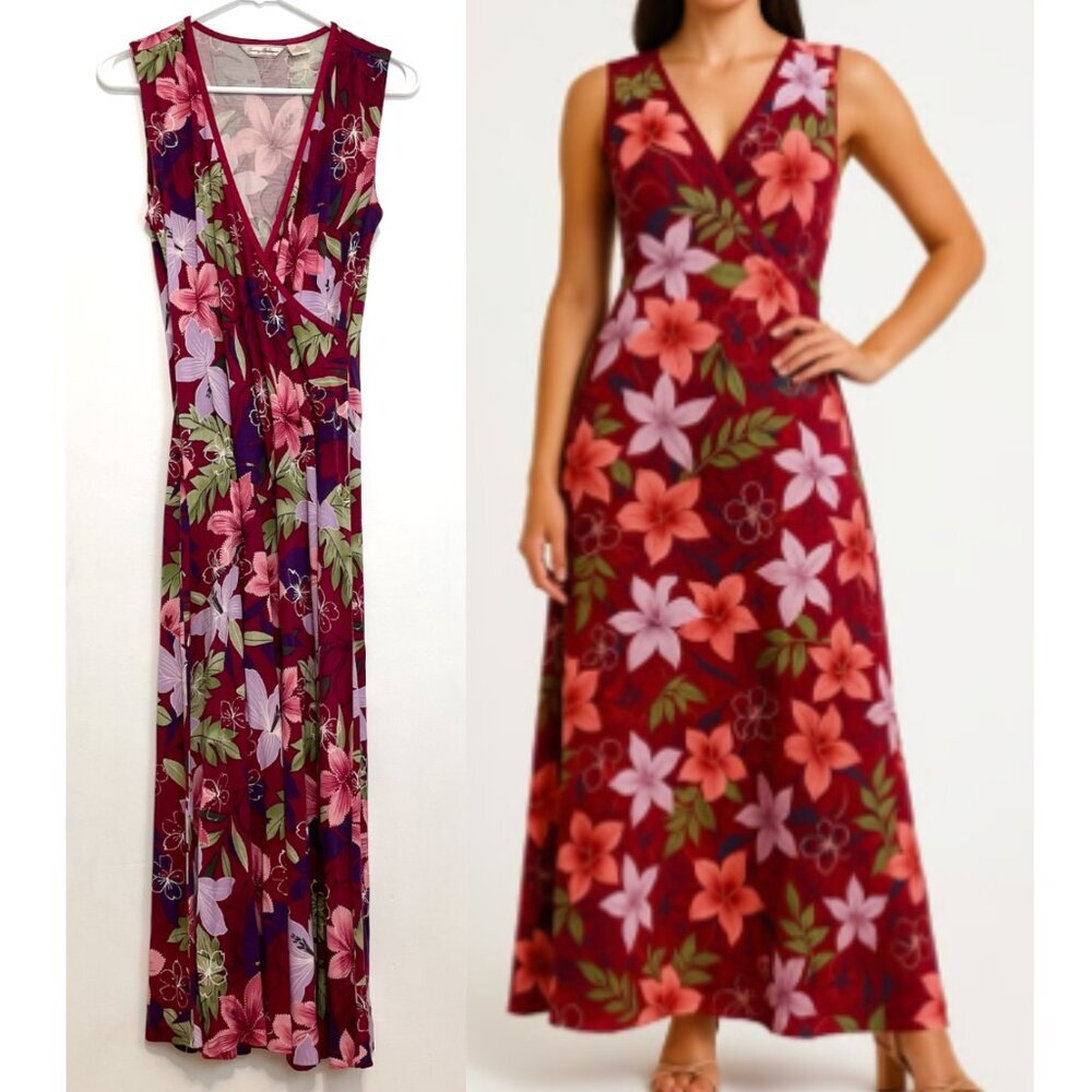 TOMMY BAHAMA Burgundy Maroon Pink Floral 100% Silk Midi or Maxi Faux Wrap Dress
